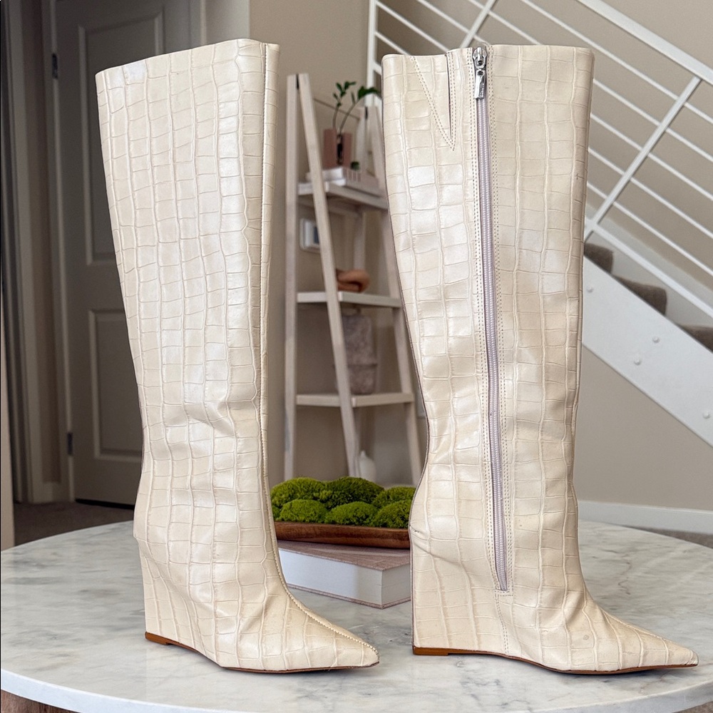 Elegant Cream Croc-Embossed Ankle Boots